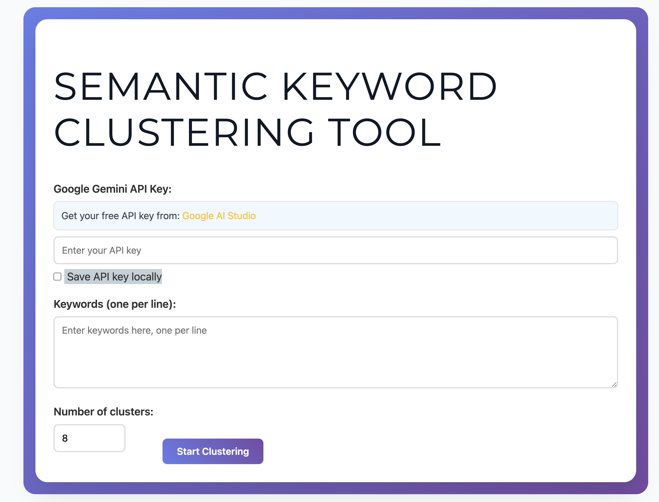 Semantic Keyword Clustering Tool interface.